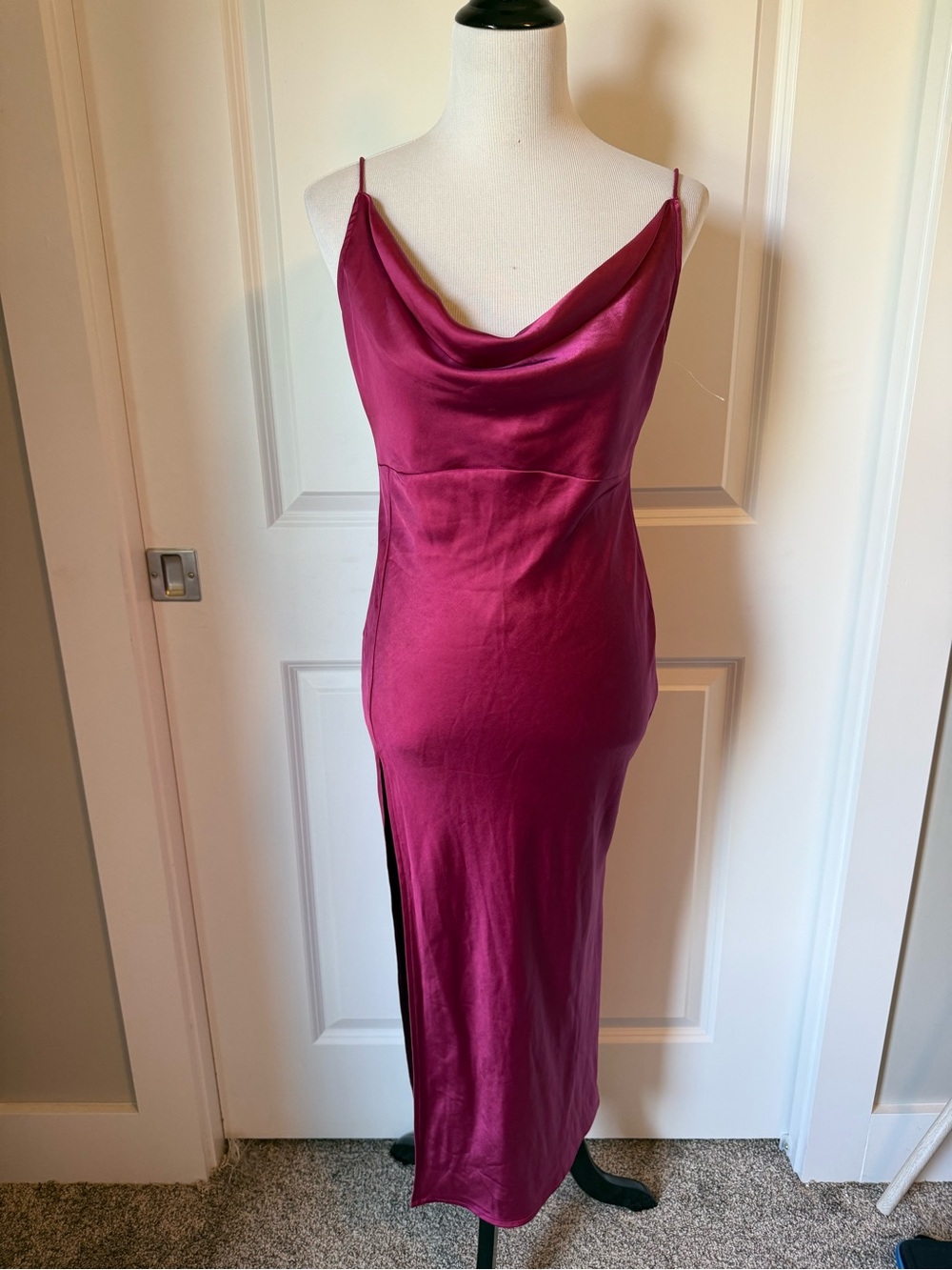 Lioness Satin Cowl Neck Midi Dress Magenta Pink Side Slit XS